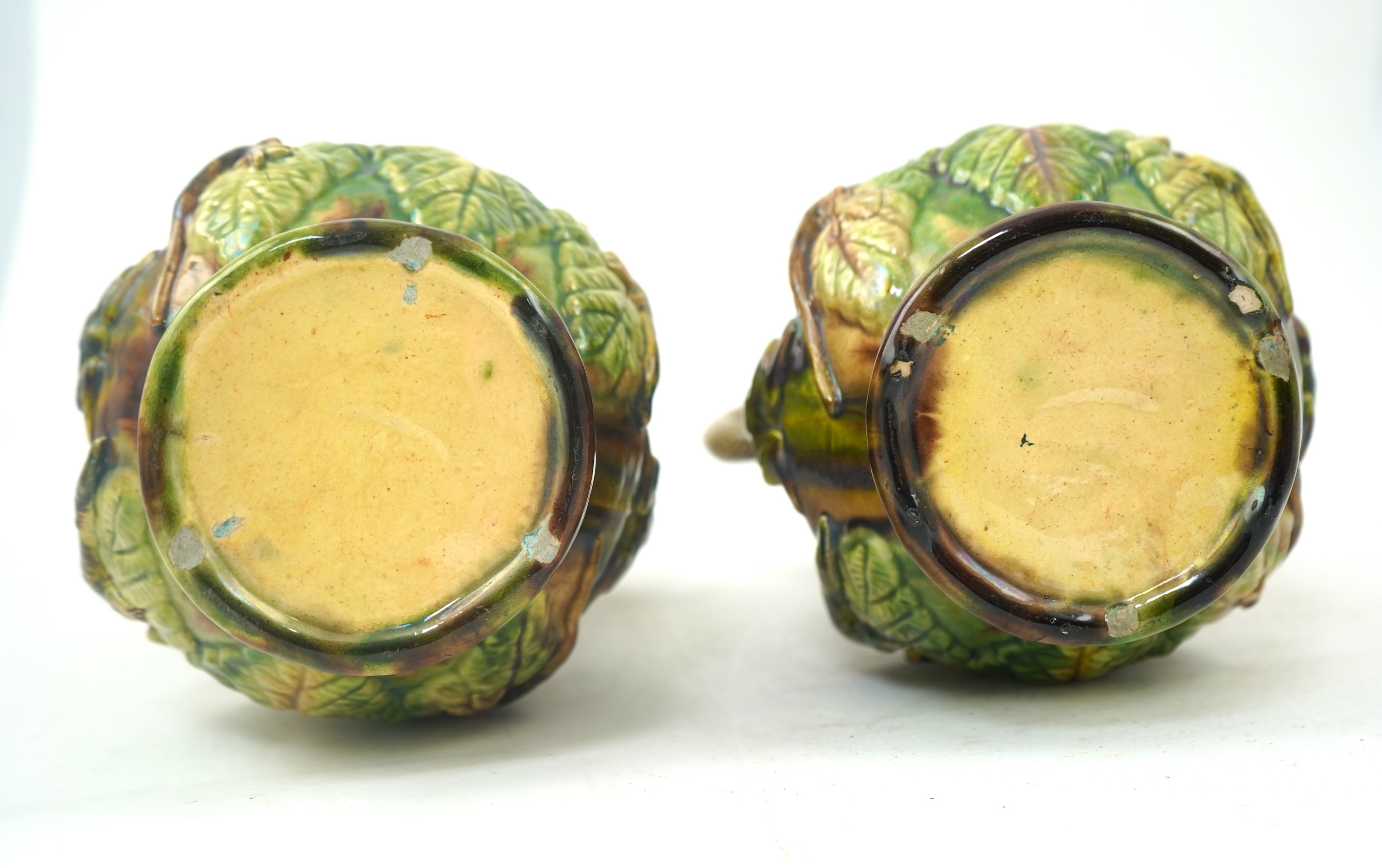 A pair of Palissy ware two handled vases, by Mafra Caldas Da Rainha, late 19th century